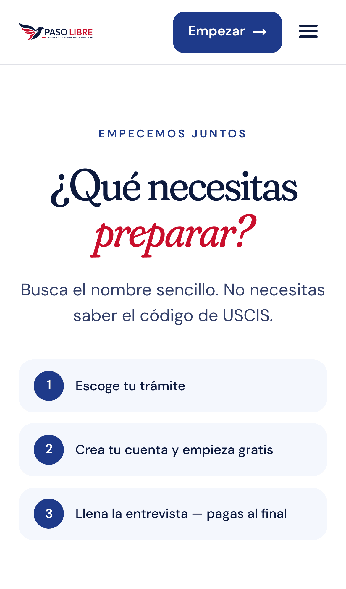 Pantalla del teléfono: «¿Qué necesitas preparar?», con los trámites por su nombre sencillo.